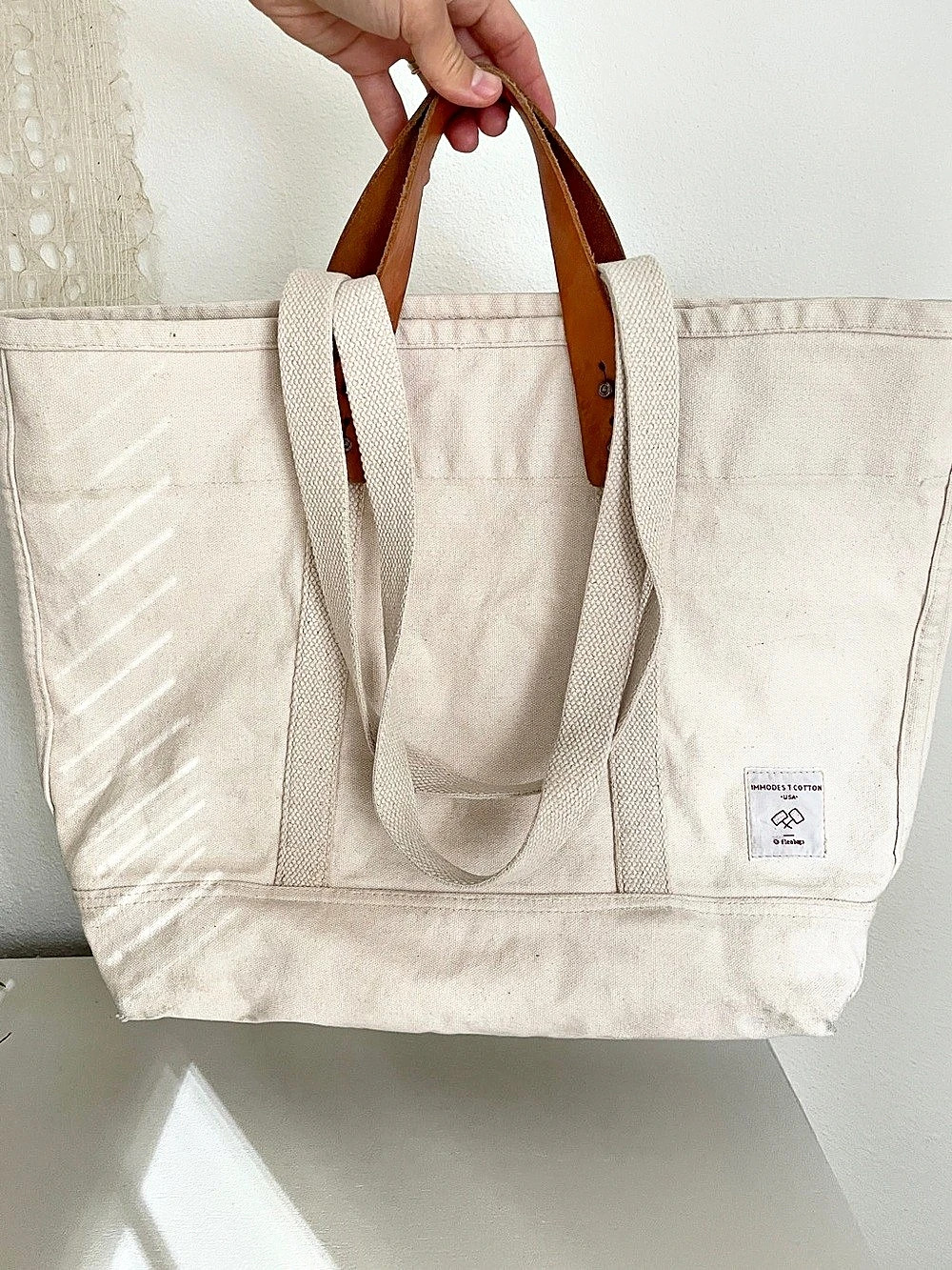 Immodest Cotton East West Tote in Cream & Brown